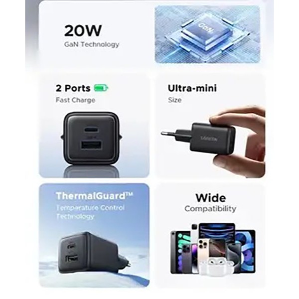 Фото - Мережевий зарядний пристрій UGREEN X514 USB-C+USB 20W GaN Fast Charger Black (65737)